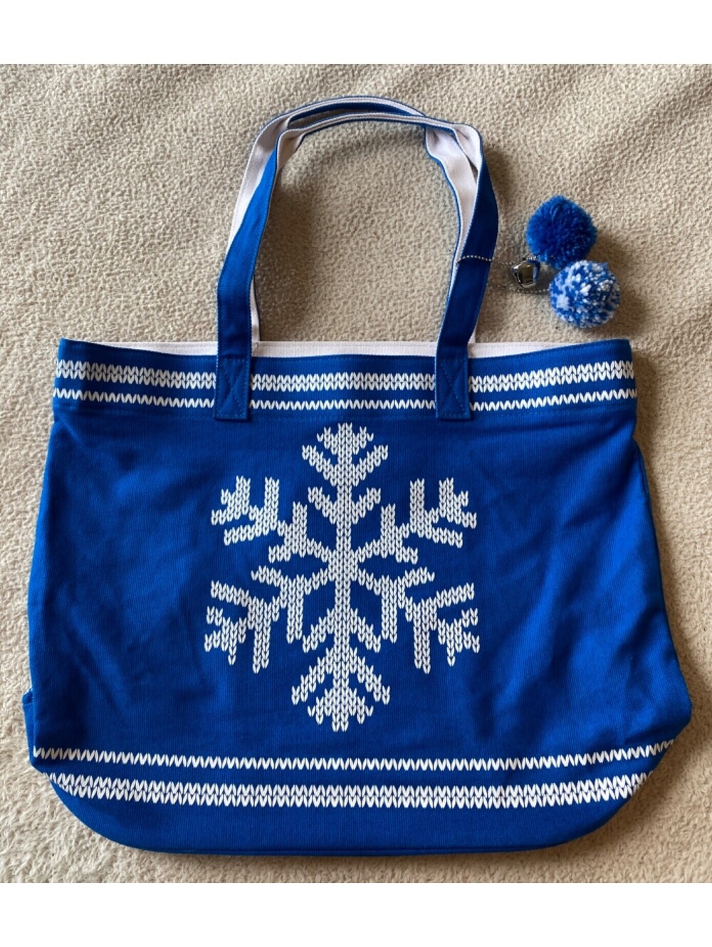 Punctuate Barnes & Noble Royal Blue Snowflake Holiday Tote Bag Jingle Bell Poms